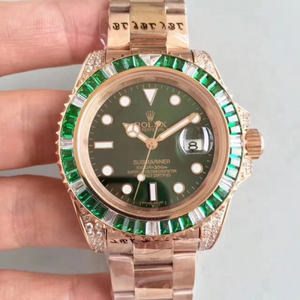 Replica Rolex Submariner Date 116618LV BP Rose Gold & Diamonds Green Dial Swiss 2836-2