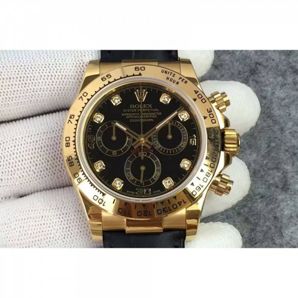 UK 40 mm 18K Yellow Gold   Replica Rolex Daytona Cosmograph 116518 JH Yellow Gold Diamonds & Black Dial Swiss 4130 Run 6@SEC