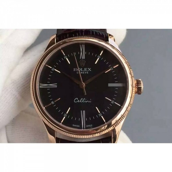 Replica Rolex Cellini Time 50505 Rose Gold Black Dial Swiss 2824-2