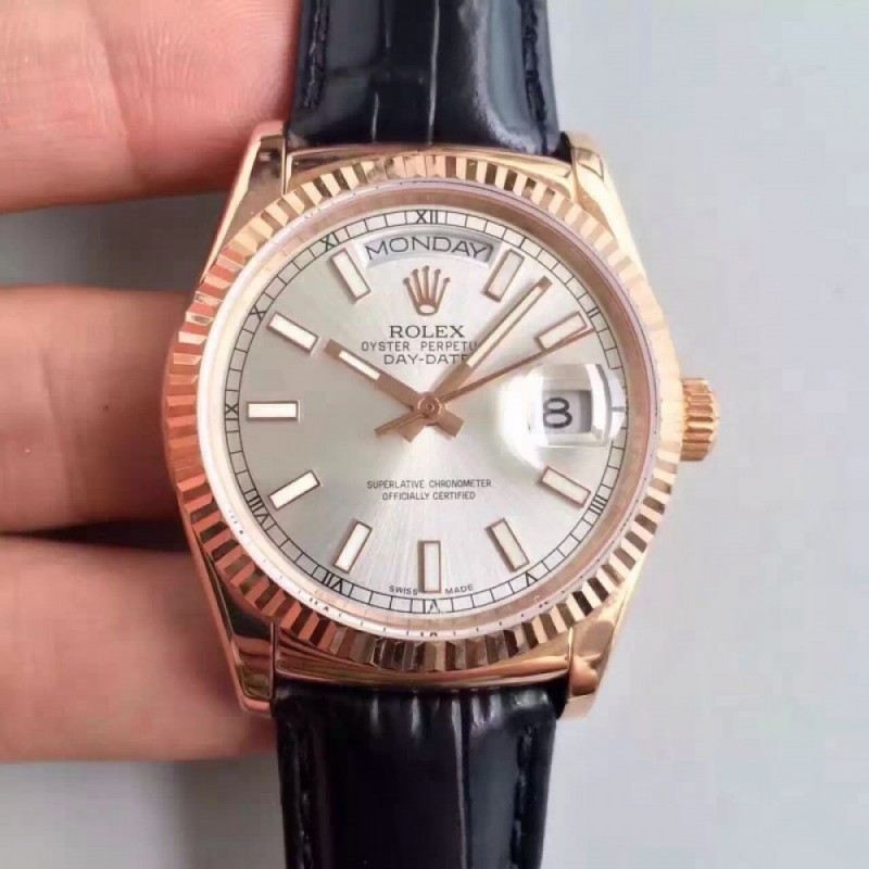 Replica Rolex Day-Date 118138 36MM V5 Rose Gold Sundust Dial Swiss 2836-2