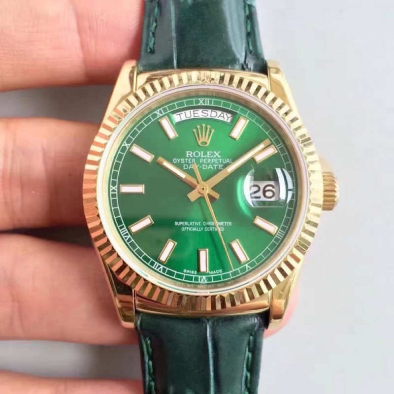 Replica Rolex Day-Date 118138 36MM V5 Yellow Gold Green Dial Swiss 2836-2